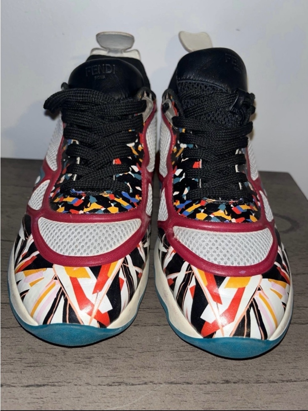 Fendi Multicolor Graphic Mesh Trainers with Burgundy Trim